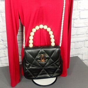 Classic Designer Inspired Quilted Pearl Hand Bag with Shoulder Strap Black